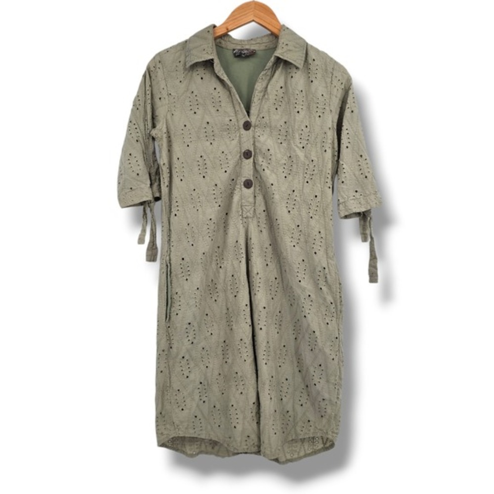 J Gee Womens Olive Green Eyelet Cotton Shift Dress Short Sleeve Size M Pocket